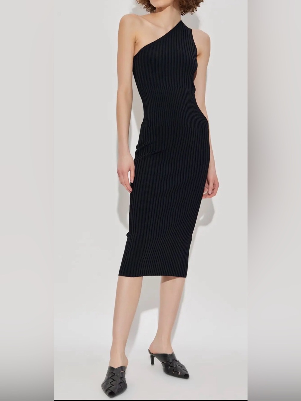 Express One-Shoulder knit Black Ribbed Midi Dress